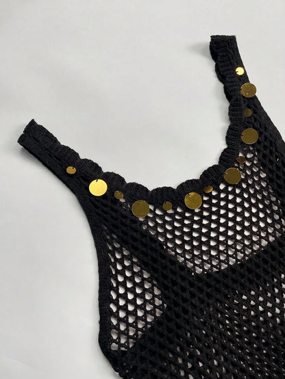 2026 New Arrival Women's Sexy Sequin Design Spaghetti Strap Hollow Sheer Beach Vacation Sleeveless Cover Up Mini Dress Summer Black, Resort Wear