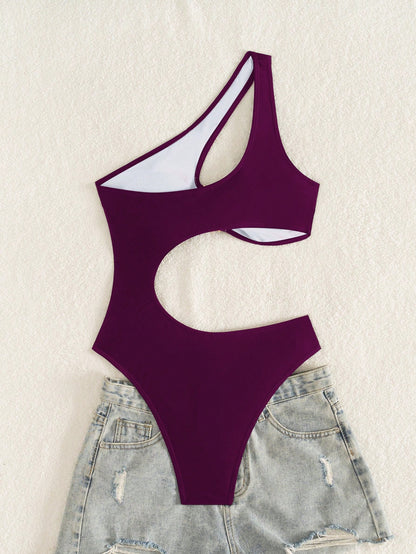 2026 New Elegant Women's Purple Solid Color Casual Vacation Elegant Backless Sexy Slimming Cut-Out Beach One-Piece Swimsuit, Shell Trim Summer