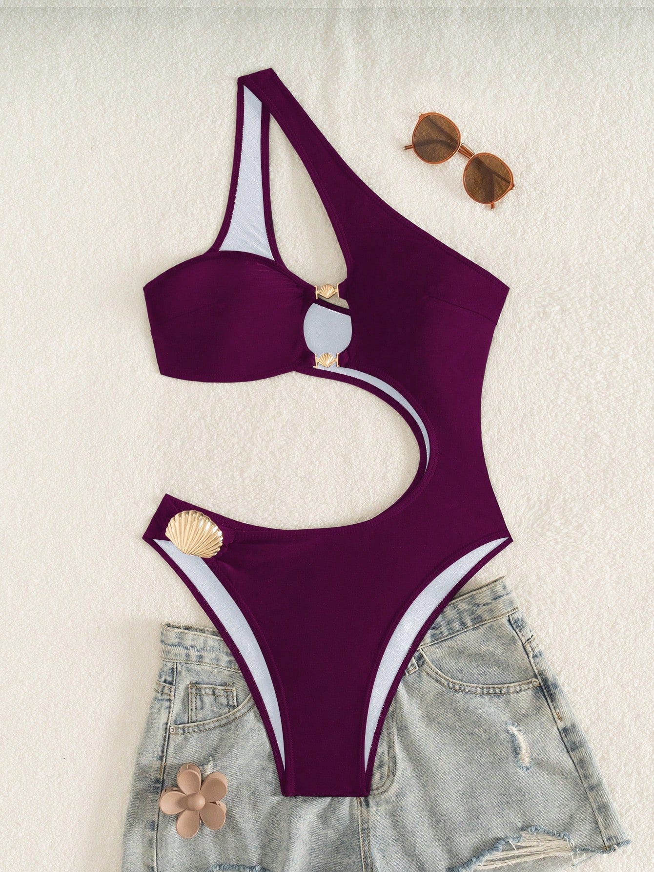 2026 New Elegant Women's Purple Solid Color Casual Vacation Elegant Backless Sexy Slimming Cut-Out Beach One-Piece Swimsuit, Shell Trim Summer