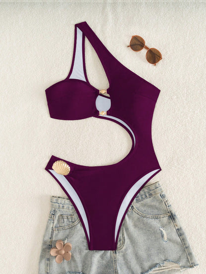 2026 New Elegant Women's Purple Solid Color Casual Vacation Elegant Backless Sexy Slimming Cut-Out Beach One-Piece Swimsuit, Shell Trim Summer