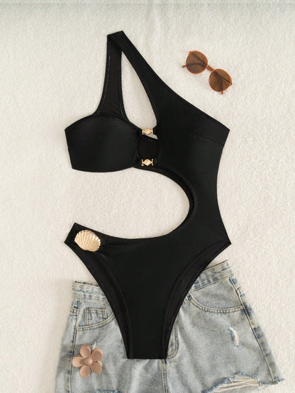 2026 New Elegant Women's Purple Solid Color Casual Vacation Elegant Backless Sexy Slimming Cut-Out Beach One-Piece Swimsuit, Shell Trim Summer