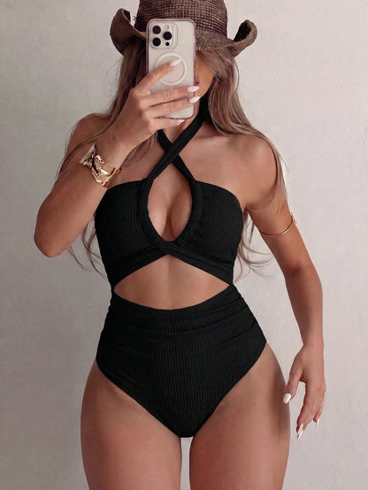 2026 New Fashion Hollow Out Necklace One-Piece Swimsuit For Women Vacation Beach Summer, Resort Wear