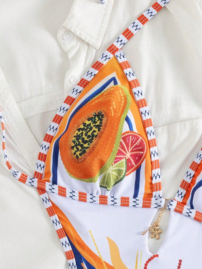 2026 New Fruit & Ocean Element Print One-Piece Swimsuit For Women, Suitable For Summer Beach, Beach Party, Casual Vacation