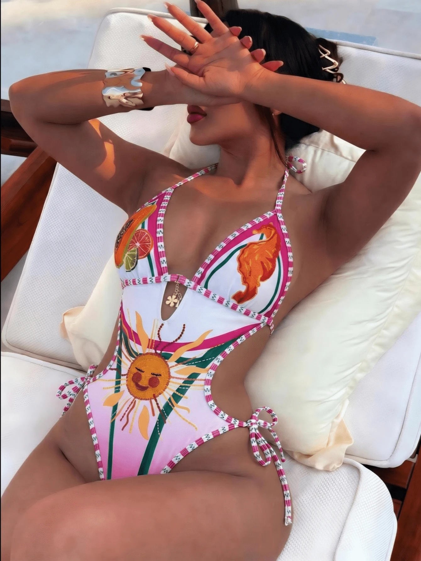 2026 New Fruit & Ocean Element Print One-Piece Swimsuit For Women, Suitable For Summer Beach, Beach Party, Casual Vacation