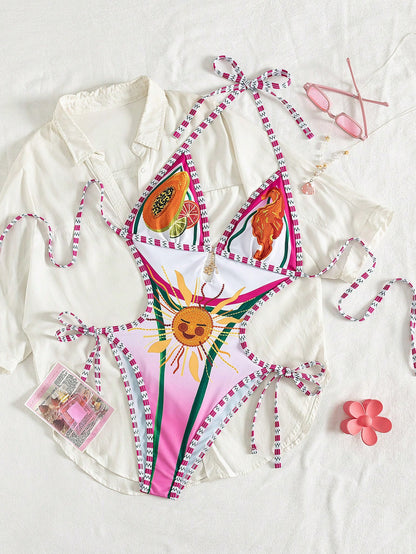 2026 New Fruit & Ocean Element Print One-Piece Swimsuit For Women, Suitable For Summer Beach, Beach Party, Casual Vacation