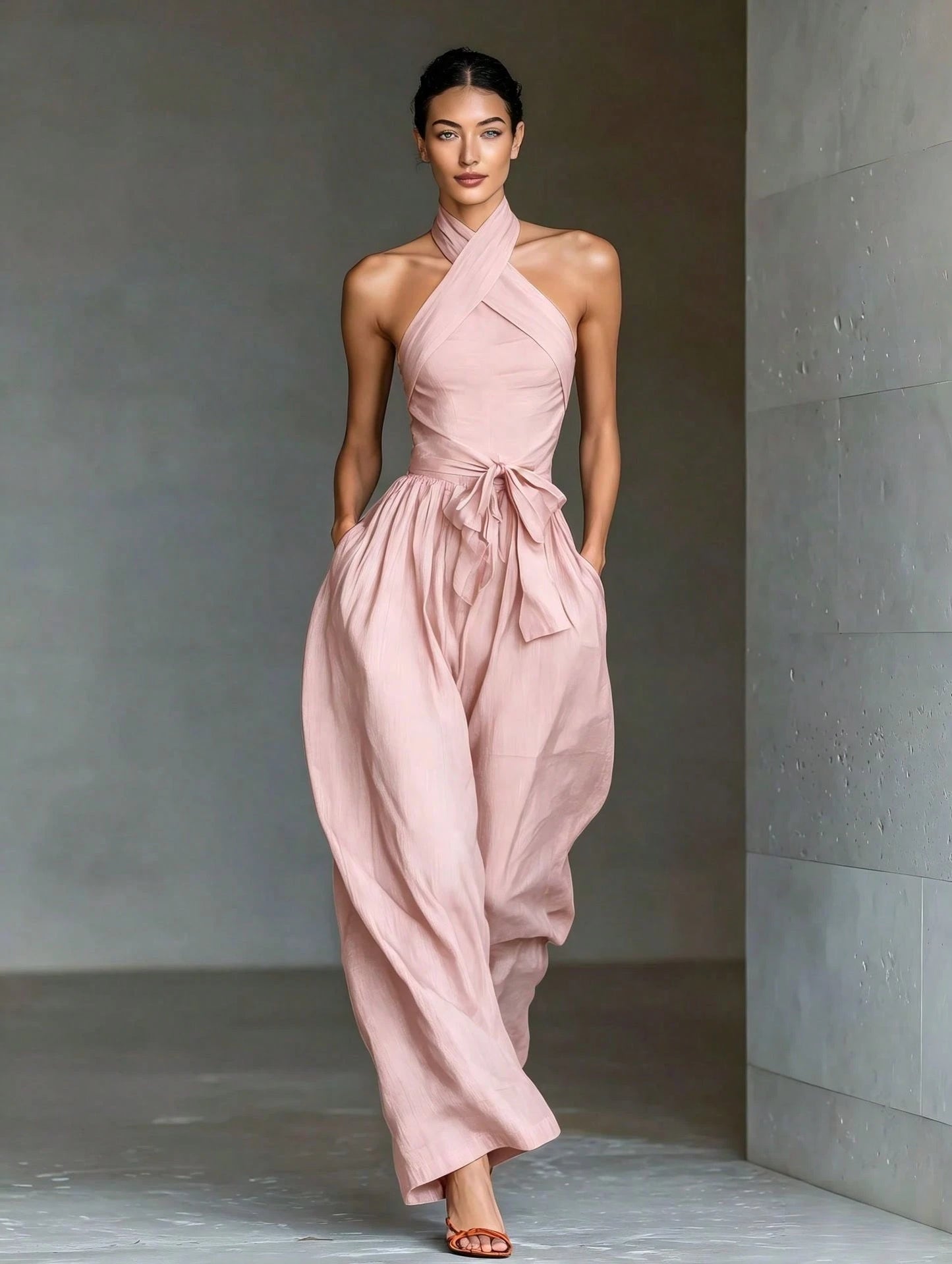 2026 New Linen Cross Cami Jumpsuit Women Tie Waist Wide Leg Casual Romper