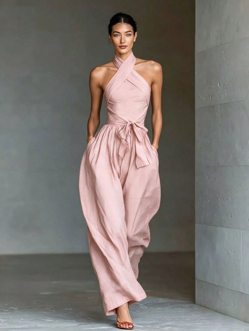 2026 New Linen Cross Cami Jumpsuit Women Tie Waist Wide Leg Casual Romper