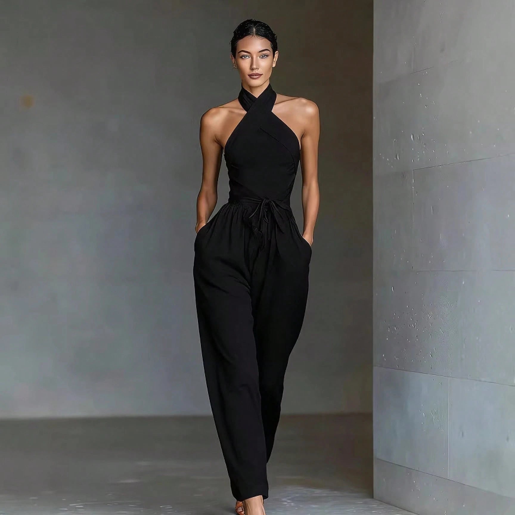 2026 New Linen Cross Cami Jumpsuit Women Tie Waist Wide Leg Casual Romper