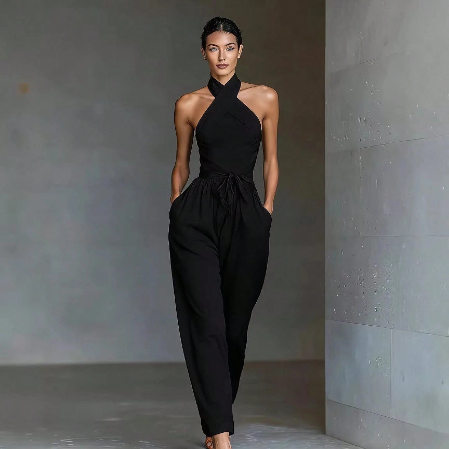 2026 New Linen Cross Cami Jumpsuit Women Tie Waist Wide Leg Casual Romper
