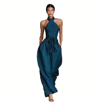2026 New Linen Cross Cami Jumpsuit Women Tie Waist Wide Leg Casual Romper