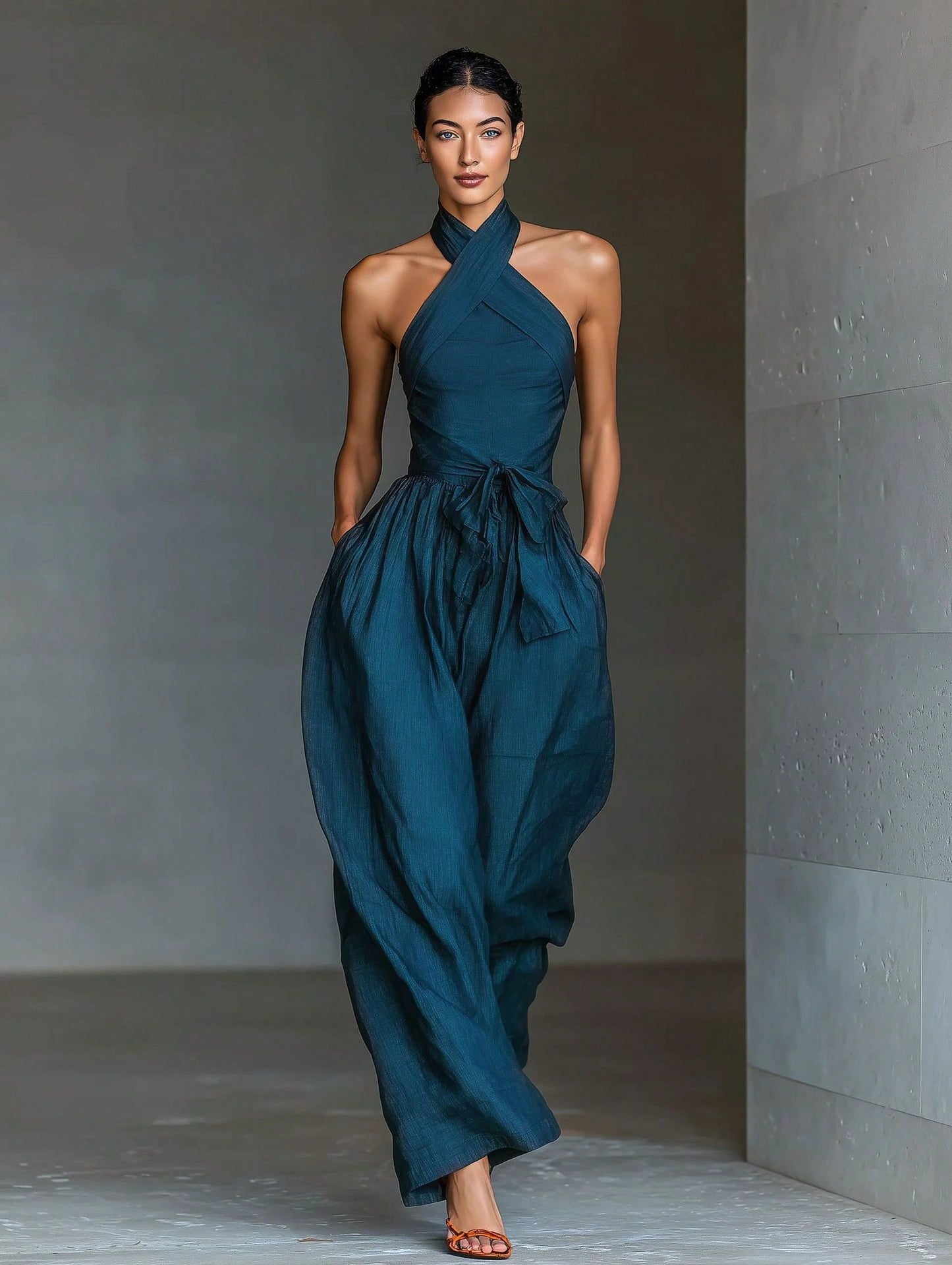 2026 New Linen Cross Cami Jumpsuit Women Tie Waist Wide Leg Casual Romper