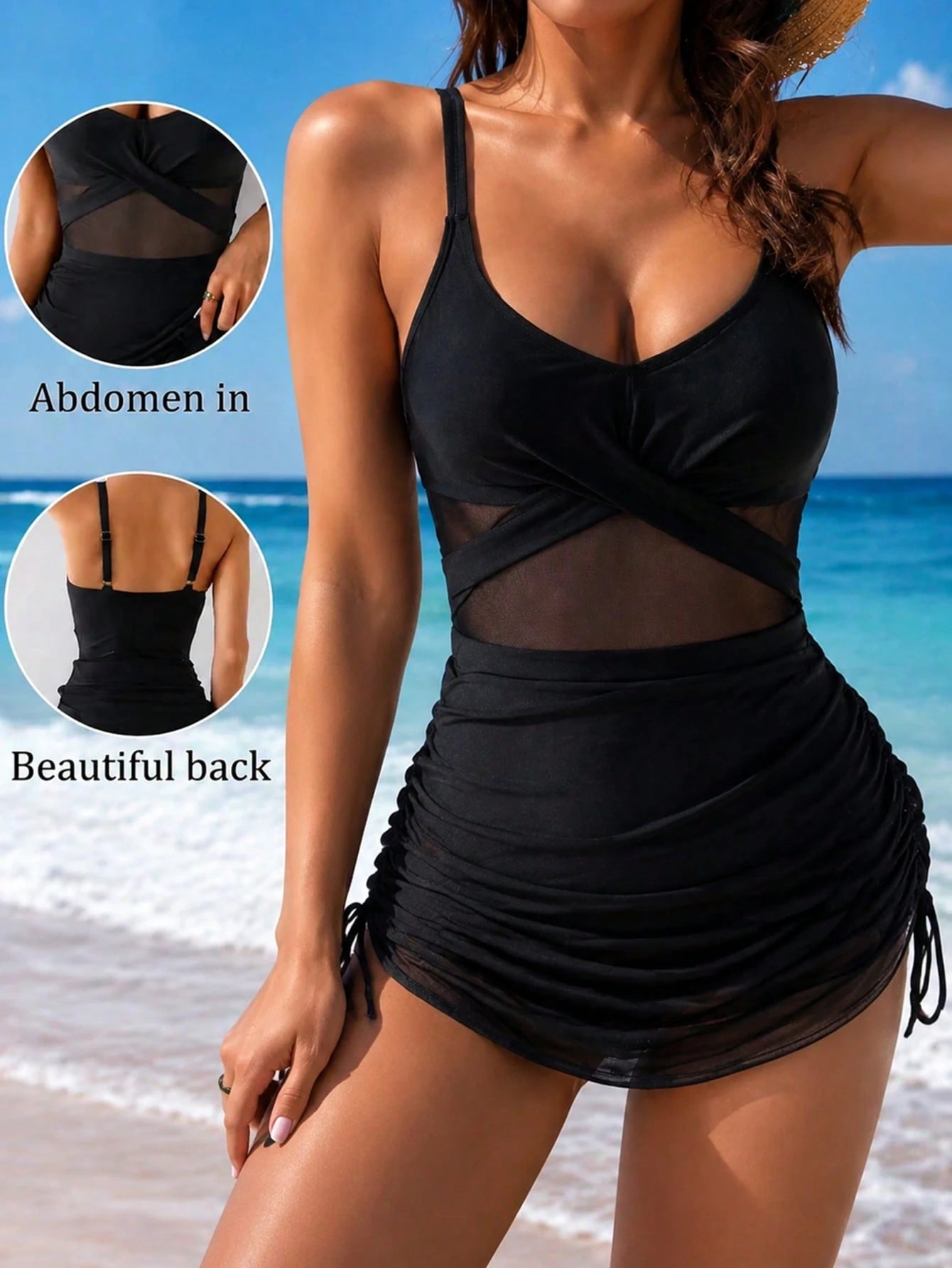2026 New One-Piece Swimsuit For Women, Mesh Patchwork Hollow-Out Design With Skirt, Elegant Slimming Swimwear Vacation Beach Black Summer