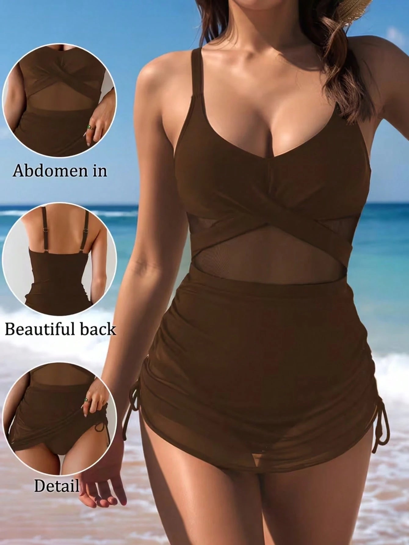 2026 New One-Piece Swimsuit For Women, Mesh Patchwork Hollow-Out Design With Skirt, Elegant Slimming Swimwear Vacation Beach Black Summer