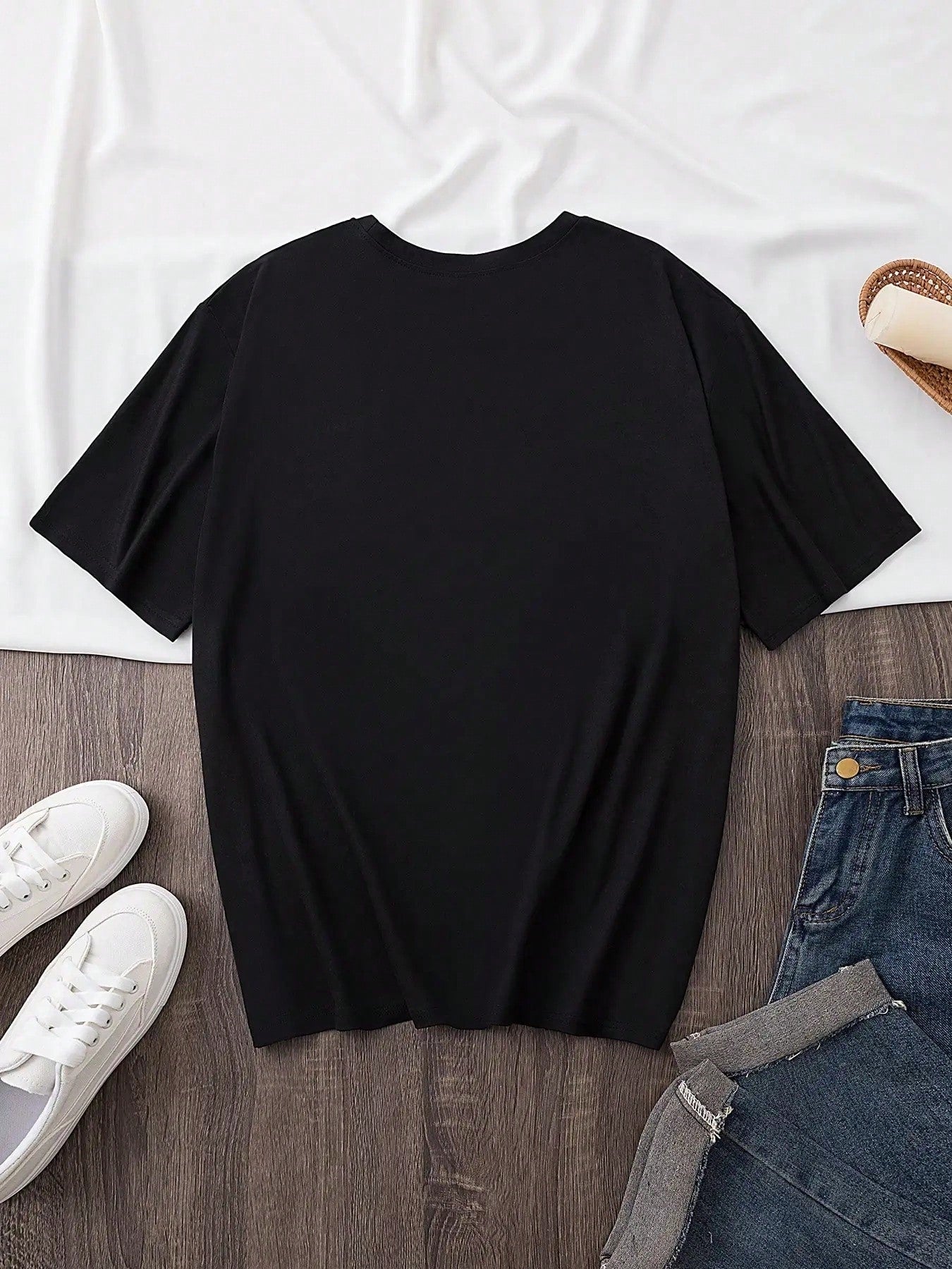 2026 New Plus-Size Women's Black And White Cotton T-Shirt Sleeve Round Neck Tee With Printing,Machine Washable Regular Fit For Casual Attire-0XL-5XL