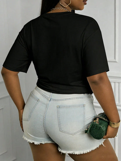 2026 New Plus-Size Women's Black And White Cotton T-Shirt Sleeve Round Neck Tee With Printing,Machine Washable Regular Fit For Casual Attire-0XL-5XL