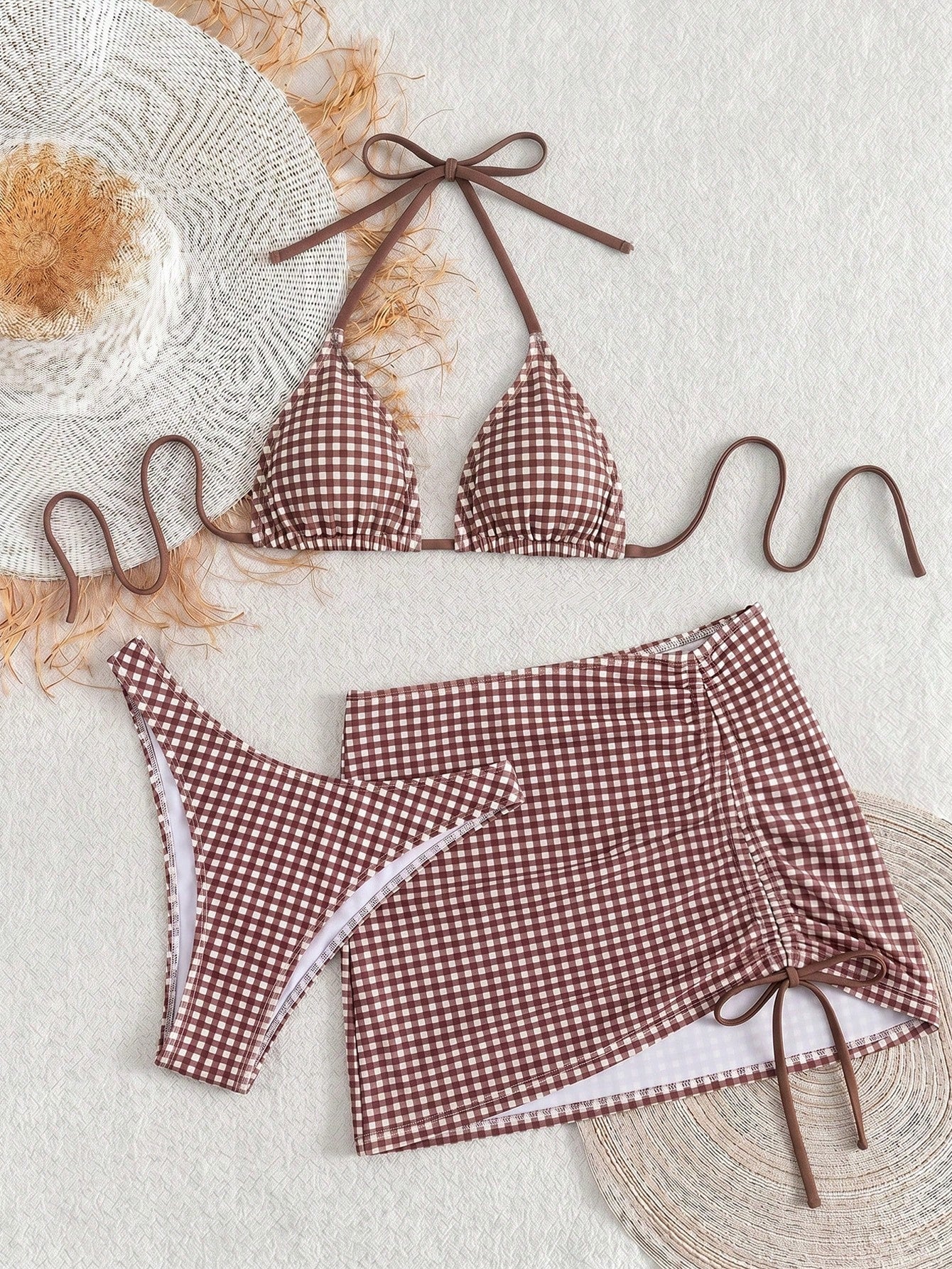 2026 New Spring/Summer Women's Elegant Sexy Bohemian Brown & White Plaid Print Halter Neck Back Tie Bikini Set With Cover-Up Skirt Vacation Beach