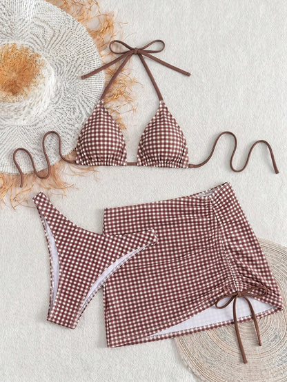 2026 New Spring/Summer Women's Elegant Sexy Bohemian Brown & White Plaid Print Halter Neck Back Tie Bikini Set With Cover-Up Skirt Vacation Beach