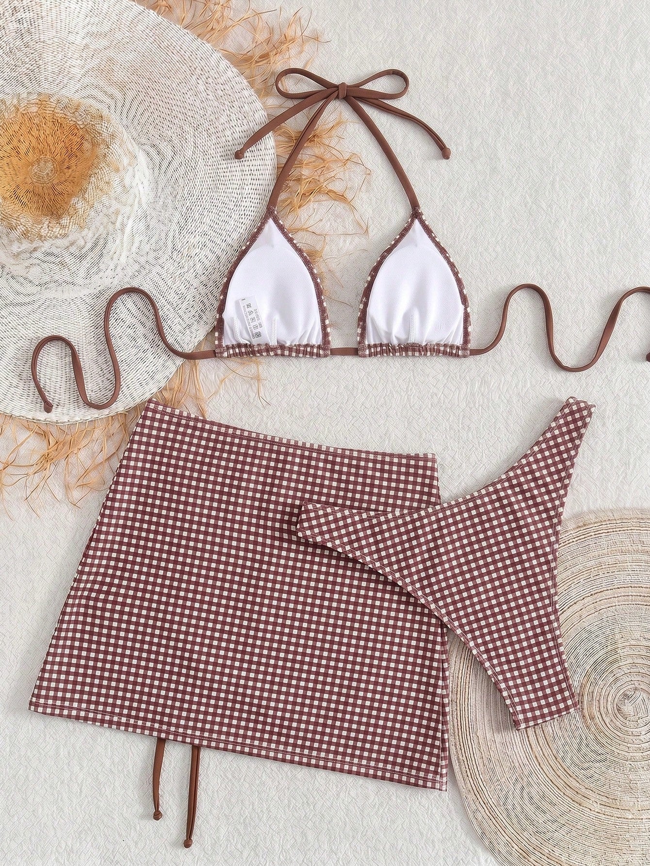 2026 New Spring/Summer Women's Elegant Sexy Bohemian Brown & White Plaid Print Halter Neck Back Tie Bikini Set With Cover-Up Skirt Vacation Beach