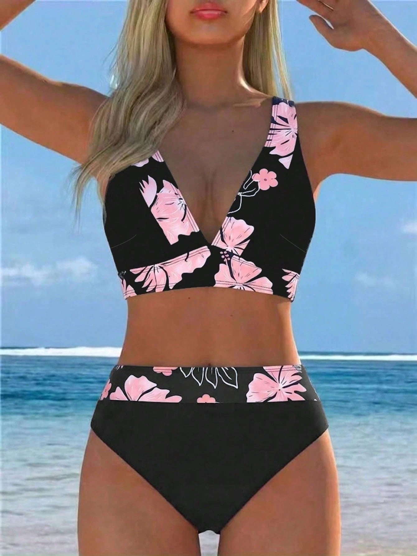 2026 New Women's Floral Trim 2-Piece Bikini, Deep V-Neck Crop Top Paired With High-Waist Bottom, Elegant Resort Swimwear Vacation Beach Summer