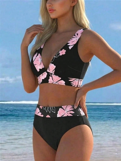 2026 New Women's Floral Trim 2-Piece Bikini, Deep V-Neck Crop Top Paired With High-Waist Bottom, Elegant Resort Swimwear Vacation Beach Summer