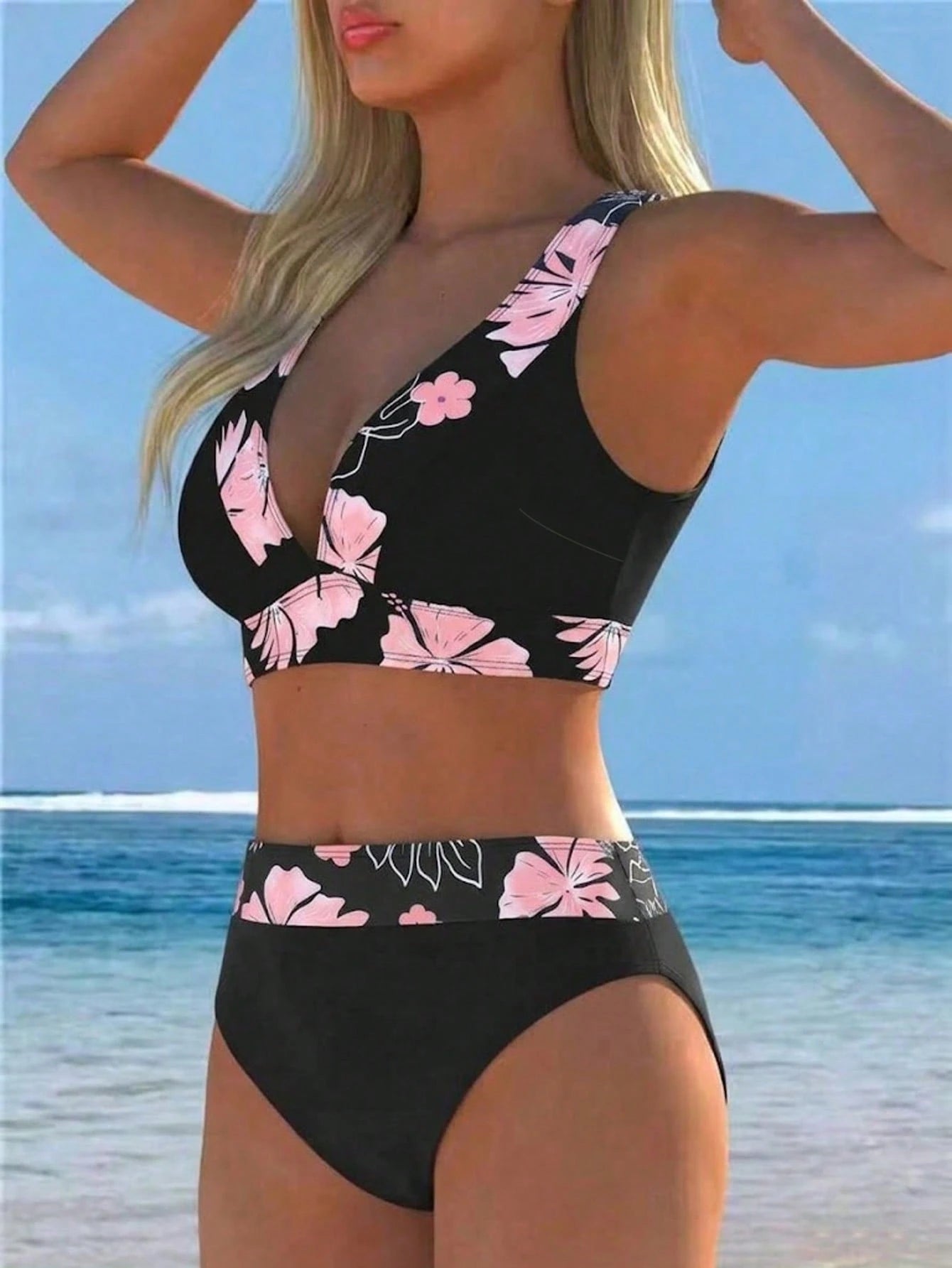 2026 New Women's Floral Trim 2-Piece Bikini, Deep V-Neck Crop Top Paired With High-Waist Bottom, Elegant Resort Swimwear Vacation Beach Summer