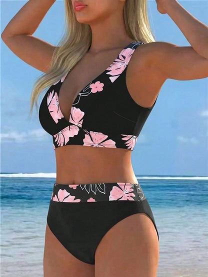 2026 New Women's Floral Trim 2-Piece Bikini, Deep V-Neck Crop Top Paired With High-Waist Bottom, Elegant Resort Swimwear Vacation Beach Summer