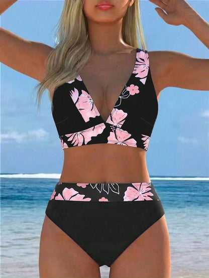 2026 New Women's Floral Trim 2-Piece Bikini, Deep V-Neck Crop Top Paired With High-Waist Bottom, Elegant Resort Swimwear Vacation Beach Summer