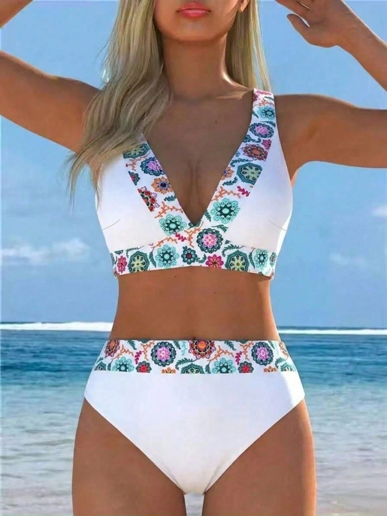 2026 New Women's Floral Trim Two Pieces Bikini Swimwear, Deep V-Neck Crop Top With High-Waist Swim Bottoms, Elegant Vacation Swimwear Beach Summer