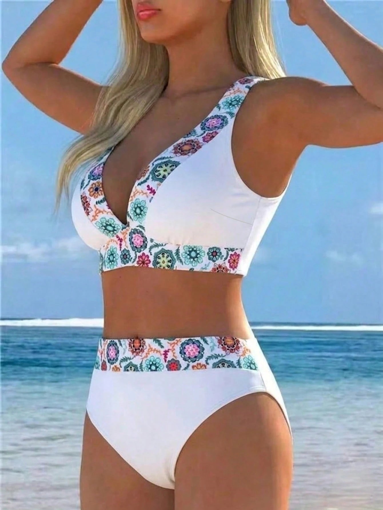 2026 New Women's Floral Trim Two Pieces Bikini Swimwear, Deep V-Neck Crop Top With High-Waist Swim Bottoms, Elegant Vacation Swimwear Beach Summer