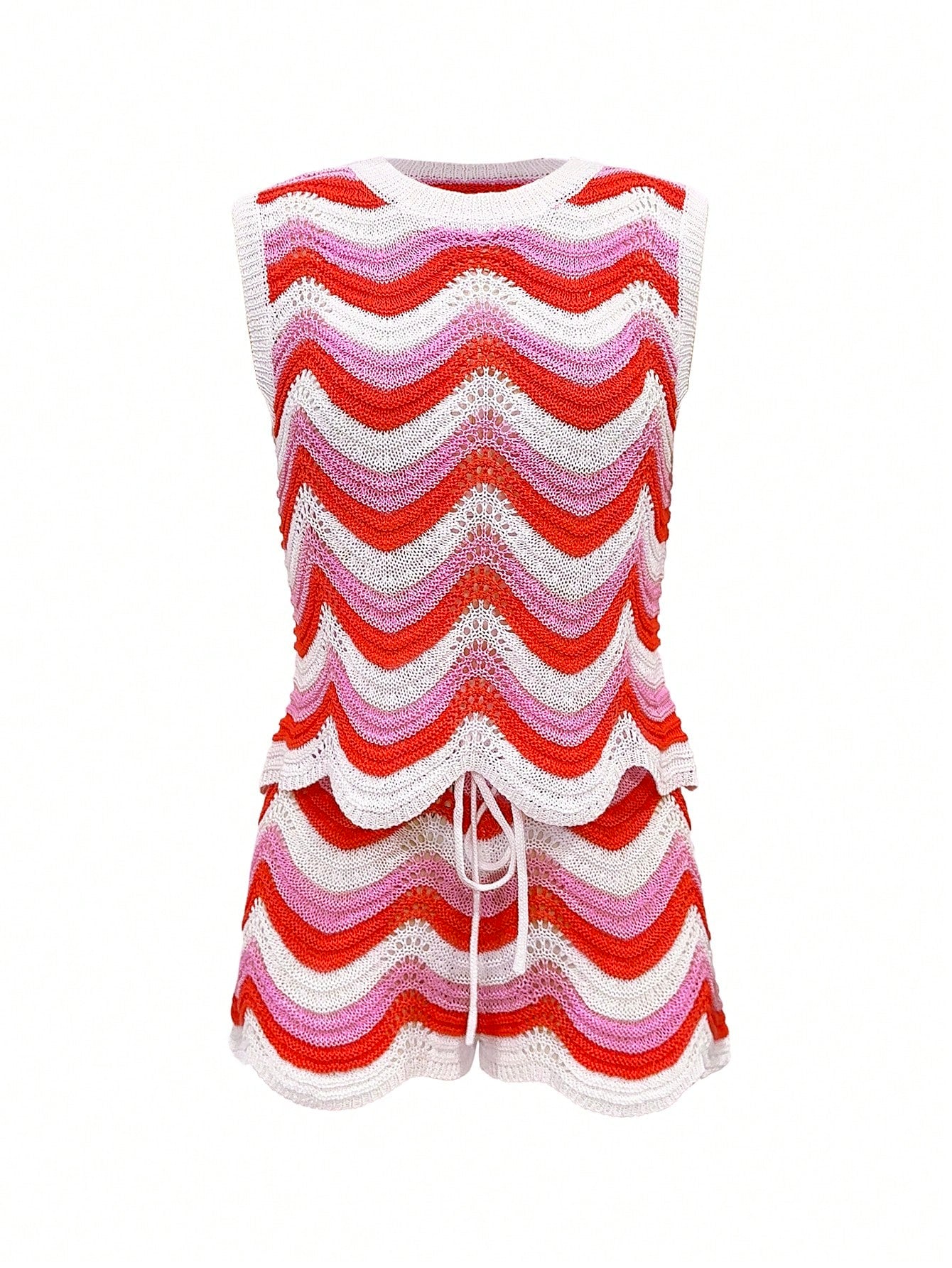 2026 New Women's Summer European And American Fashion Hollow Crochet Sleeveless Tank Top And Casual Beach Shorts Two Pieces Set Vacation, Boho Chic