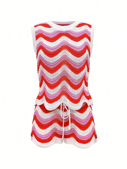 2026 New Women's Summer European And American Fashion Hollow Crochet Sleeveless Tank Top And Casual Beach Shorts Two Pieces Set Vacation, Boho Chic
