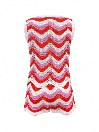 2026 New Women's Summer European And American Fashion Hollow Crochet Sleeveless Tank Top And Casual Beach Shorts Two Pieces Set Vacation, Boho Chic