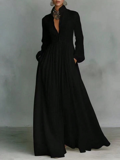 2026 Spring New Arrival European American Women Dress Fashion Elegant Big Swing Long Dress Solid Color High Waist Flowy Maxi Dress Ladies Casual Part
