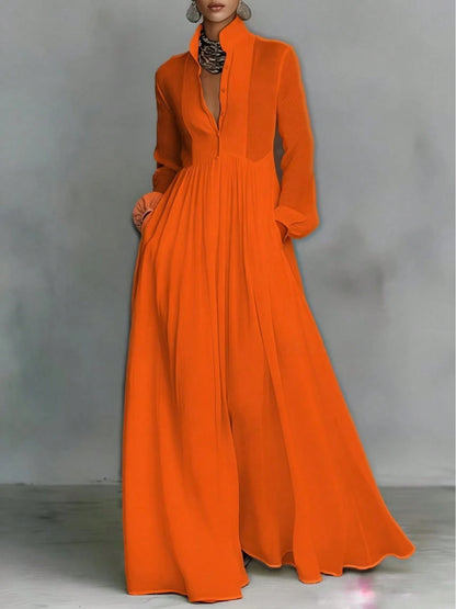 2026 Spring New Arrival European American Women Dress Fashion Elegant Big Swing Long Dress Solid Color High Waist Flowy Maxi Dress Ladies Casual Part