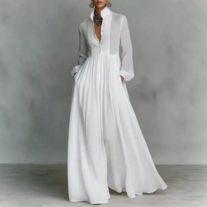 2026 Spring New Arrival European American Women Dress Fashion Elegant Big Swing Long Dress Solid Color High Waist Flowy Maxi Dress Ladies Casual Part