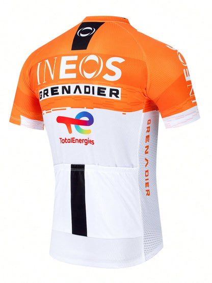 2026 Style Orange & White Color Block Print Men's Cycling Short Sleeve Top, Indoor Cycling Universal Sports Top- Universal Version Summer