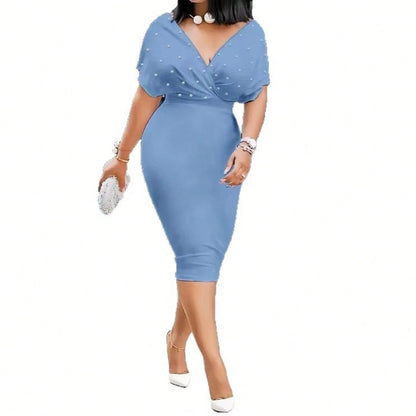 2026 Summer New European Elegant Rhinestone V Neck Bodycon Waist Slim Short Sleeve Midi Dress