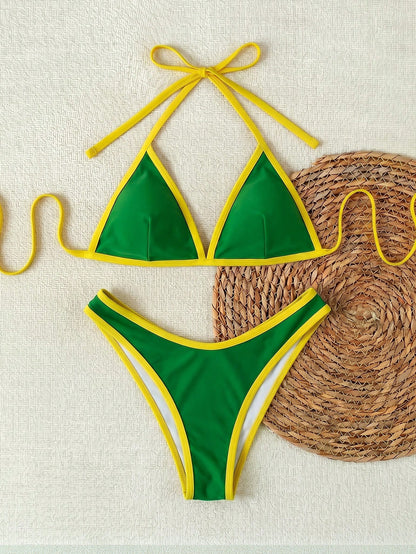 2026 Summer New Women's Fashion Yellow And Green Contrast Trim Backless Triangle Cup Bikini Set, Romantic And Unique Design, Perfect For Spring Vacation, Travel, Daily Outings, Beach Holiday And Beach