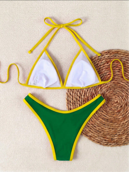 2026 Summer New Women's Fashion Yellow And Green Contrast Trim Backless Triangle Cup Bikini Set, Romantic And Unique Design, Perfect For Spring Vacation, Travel, Daily Outings, Beach Holiday And Beach
