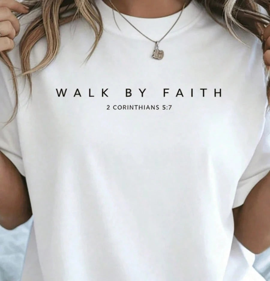 2026 SUMMER Top100% Cotton Walk By Faith Christian Bible Verse (Front And Back Design) T-Shirt Summer Tops For WomenLoose And Comfortableshirt Soft Fa