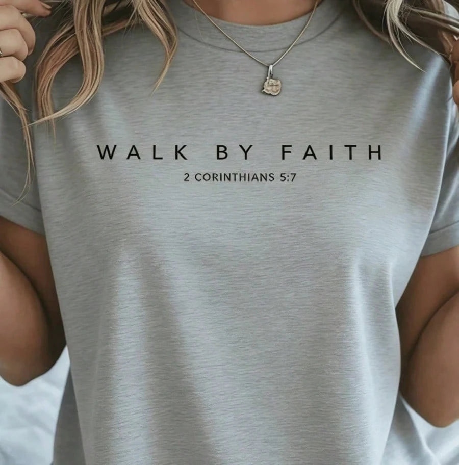 2026 SUMMER Top100% Cotton Walk By Faith Christian Bible Verse (Front And Back Design) T-Shirt Summer Tops For WomenLoose And Comfortableshirt Soft Fa