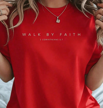 2026 SUMMER Top100% Cotton Walk By Faith Christian Bible Verse (Front And Back Design) T-Shirt Summer Tops For WomenLoose And Comfortableshirt Soft Fa