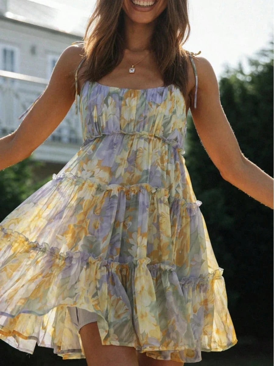 2026 Summer Vacation Floral Print Spaghetti Strap Mini Dress, Square Neck Ruffle Tiered Swing Flowy Sundress For Women Beach Holiday Casual Daily