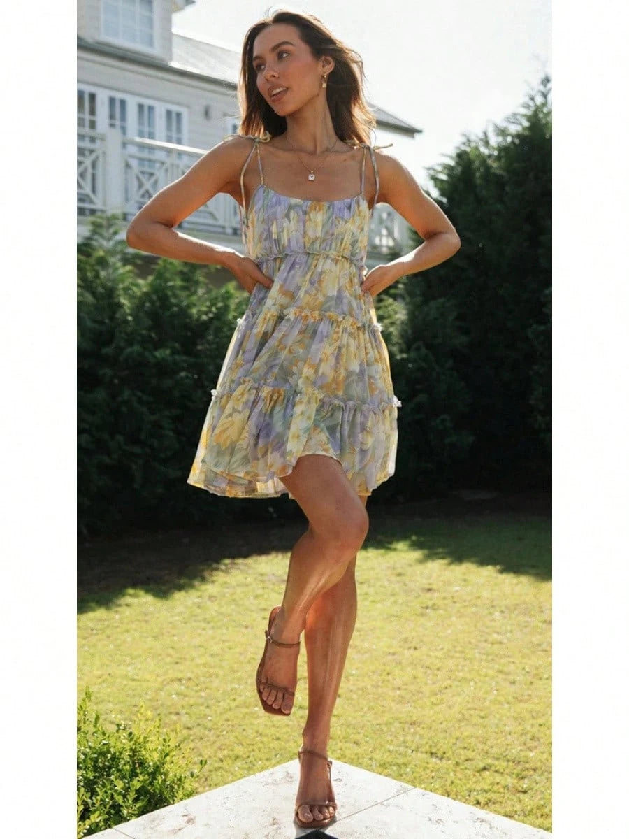 2026 Summer Vacation Floral Print Spaghetti Strap Mini Dress, Square Neck Ruffle Tiered Swing Flowy Sundress For Women Beach Holiday Casual Daily