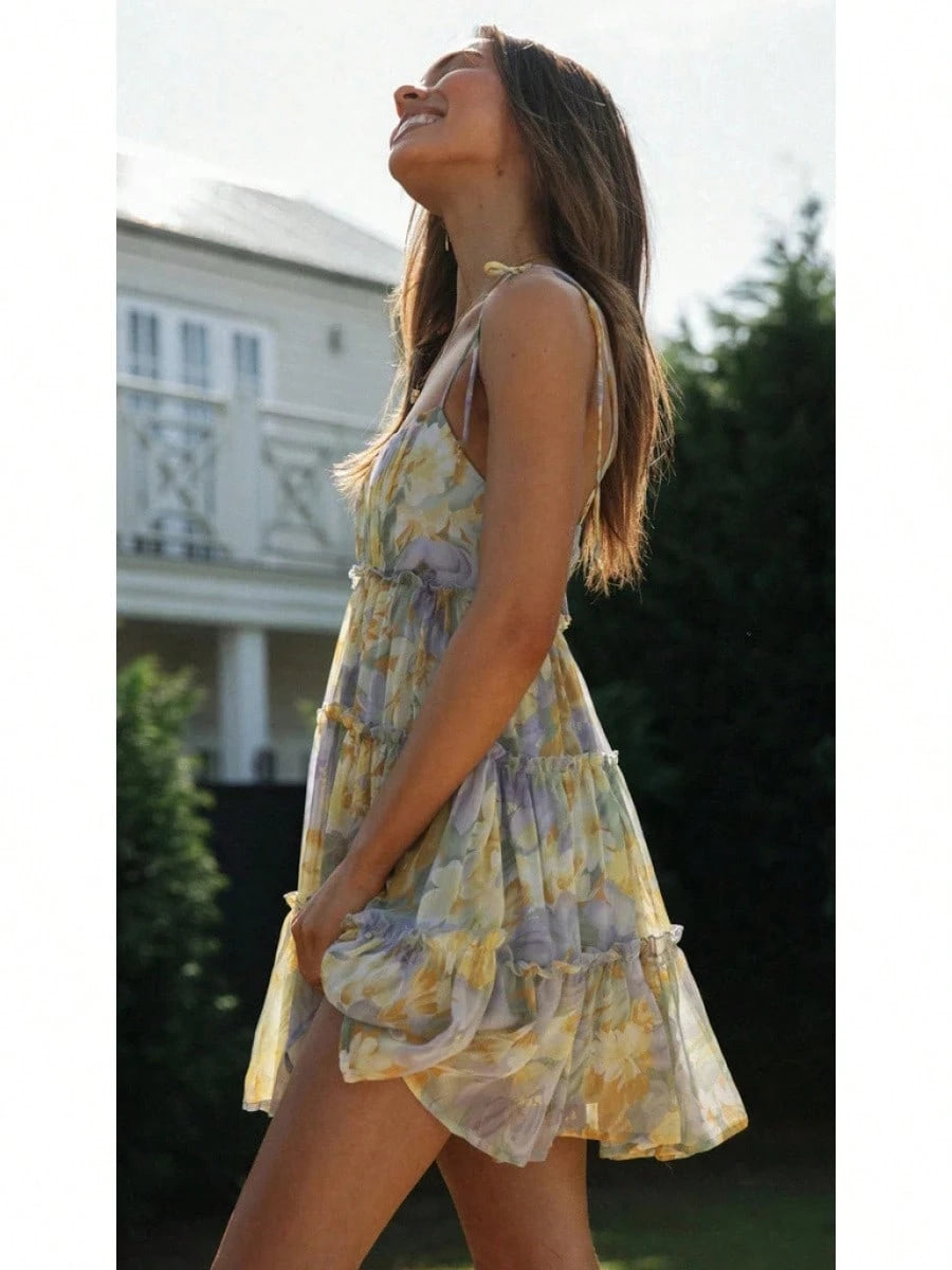 2026 Summer Vacation Floral Print Spaghetti Strap Mini Dress, Square Neck Ruffle Tiered Swing Flowy Sundress For Women Beach Holiday Casual Daily