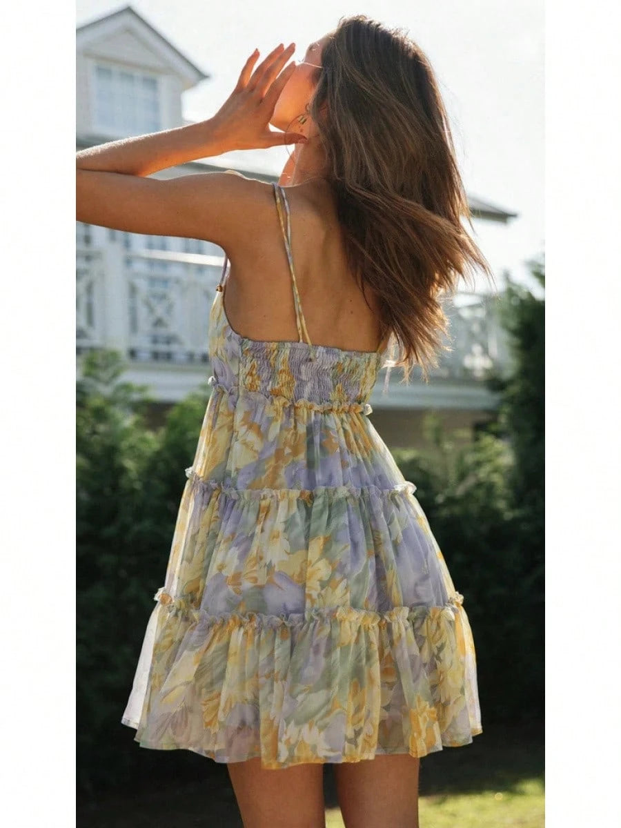 2026 Summer Vacation Floral Print Spaghetti Strap Mini Dress, Square Neck Ruffle Tiered Swing Flowy Sundress For Women Beach Holiday Casual Daily