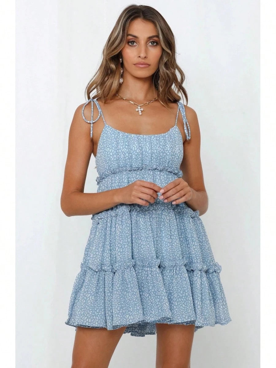 2026 Summer Vacation Floral Print Spaghetti Strap Mini Dress, Square Neck Ruffle Tiered Swing Flowy Sundress For Women Beach Holiday Casual Daily
