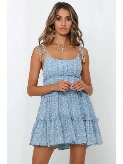 2026 Summer Vacation Floral Print Spaghetti Strap Mini Dress, Square Neck Ruffle Tiered Swing Flowy Sundress For Women Beach Holiday Casual Daily