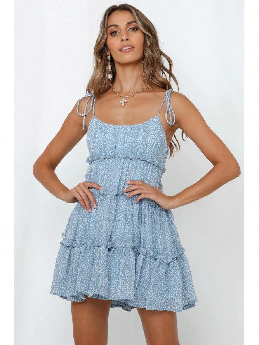 2026 Summer Vacation Floral Print Spaghetti Strap Mini Dress, Square Neck Ruffle Tiered Swing Flowy Sundress For Women Beach Holiday Casual Daily