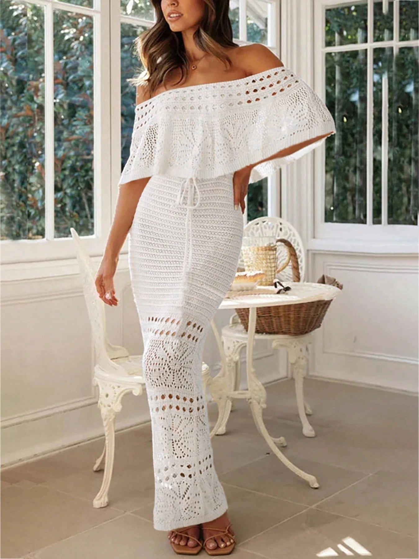 2026 Summer Women's New Beach Vacation Casual Long Elegant Tie-Up Drawstring One-Shoulder Cinched Waist Hollow Knit White Dress, Holiday Outfit, Spring Outfit, Ceremony Dress, Formal Dress, Music Fest